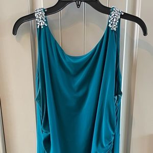 Teal formal dress with rhinestone shoulder detailing